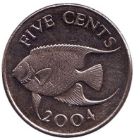 Монета 5 центов. 2004 год, Бермудские острова. Тропическая рыба (Ангел-королева). Монета 5 центов. 2004 год, Бермудские острова. Тропическая рыба (Ангел-королева).