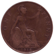 Монета 1 пенни. 1918 год, Великобритания. (Отметка: "H") Монета 1 пенни. 1918 год, Великобритания. (Отметка: "H")