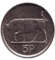 Монета 5 пенсов. 1998 год, Ирландия. Бык. Ирландская арфа. Монета 5 пенсов. 1998 год, Ирландия. Бык. Ирландская арфа.