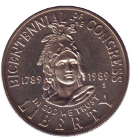 Монета 50 центов (S). 1989 год, США. 200-летие Конгресса. Монета 50 центов (S). 1989 год, США. 200-летие Конгресса.
