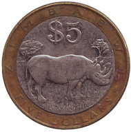 Монета 5 долларов. 2001 год, Зимбабве. Носорог. Монета 5 долларов. 2001 год, Зимбабве. Носорог.