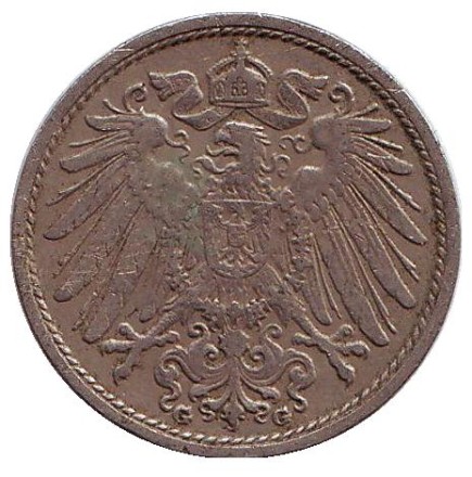 Монета 10 пфеннигов. 1906 год (G), Германская империя. Монета 10 пфеннигов. 1906 год (G), Германская империя.