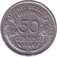 Монета 50 сантимов. 1945 год, Франция. (Отметка монетного двора - В). Монета 50 сантимов. 1945 год, Франция. (Отметка монетного двора - В).