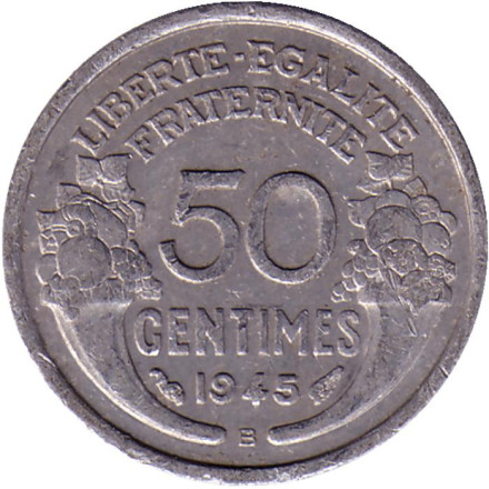 Монета 50 сантимов. 1945 год, Франция. (Отметка монетного двора - В).