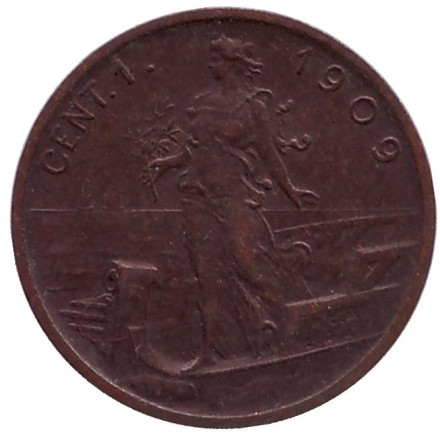 Монета 1 чентезимо. 1909 год, Италия.