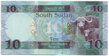 Банкнота 10 фунтов. 2015 год, Южный Судан. Джон Гаранг де Мабиор. Африканский буйвол. Банкнота 10 фунтов. 2015 год, Южный Судан. Джон Гаранг де Мабиор. Африканский буйвол.