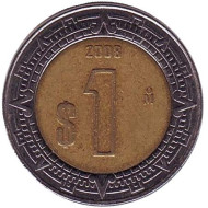 Монета 1 песо. 2008 год, Мексика. Монета 1 песо. 2008 год, Мексика.
