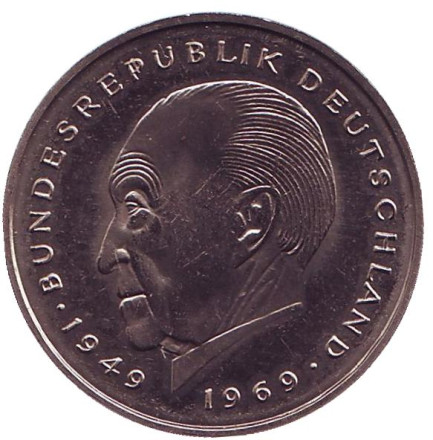 Монета 2 марки. 1982 год (G), ФРГ. UNC. Конрад Аденауэр.