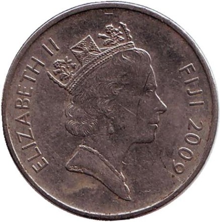 Монета 10 центов. 2009 год, Фиджи. Из обращения. Метательная дубинка - ула тава тава.