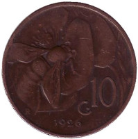 Пчела. Монета 10 чентезимо. 1926 год, Италия.