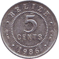 Монета 5 центов. 1986 год, Белиз. Монета 5 центов. 1986 год, Белиз.