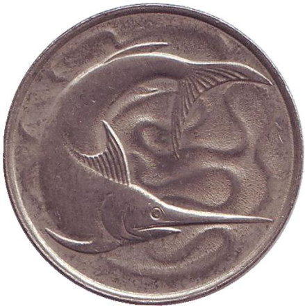 Монета 20 центов. 1977 год. Сингапур. Рыба-меч.