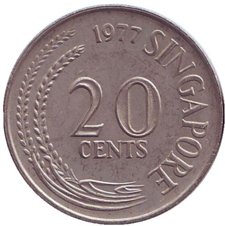 Монета 20 центов. 1977 год. Сингапур. Рыба-меч. Монета 20 центов. 1977 год. Сингапур. Рыба-меч.
