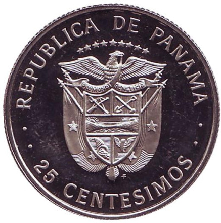 Монета 25 сентесимо. 1975 год, Панама. Proof. Хусто Аросемена. Монета 25 сентесимо. 1975 год, Панама. Proof. Хусто Аросемена.