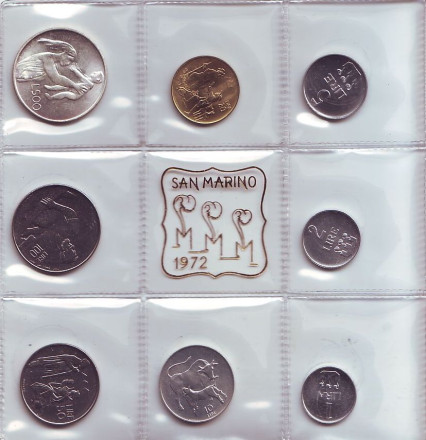 Годовой набор монет Сан-Марино (8 шт) 1972 года. (с марками) Годовой набор монет Сан-Марино (8 шт) 1972 года. (с марками)