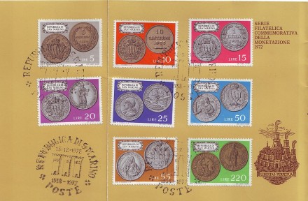 Годовой набор монет Сан-Марино (8 шт) 1972 года. (с марками) Годовой набор монет Сан-Марино (8 шт) 1972 года. (с марками)