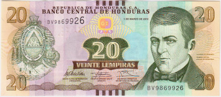 Банкнота 20 лемпир. 2012 год, Гондурас. Дионисио Эррера.