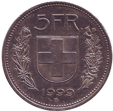 Монета 5 франков. 1999 год, Швейцария. Вильгельм Телль.