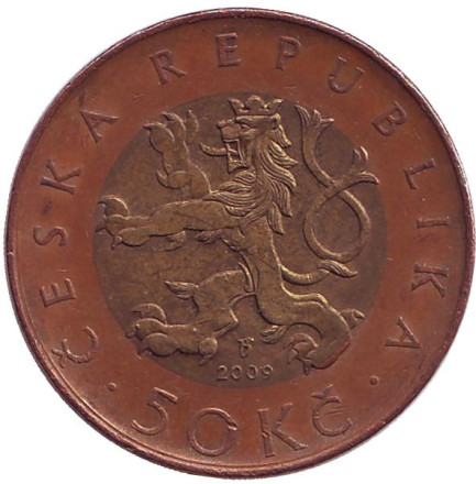Монета 50 крон. 2009 год, Чехия. Из обращения. Прага. Монета 50 крон. 2009 год, Чехия. Из обращения. Прага.
