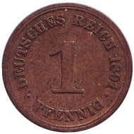 Монета 1 пфенниг. 1891 год (A), Германская империя. Монета 1 пфенниг. 1891 год (A), Германская империя.