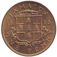 Монета 1 пенни. 1955 год, Ямайка. Монета 1 пенни. 1955 год, Ямайка.