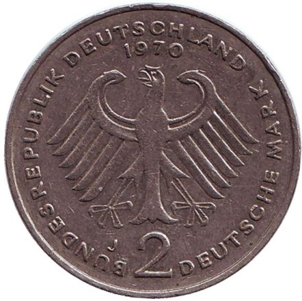 Монета 2 марки. 1970 год (J), ФРГ. Конрад Аденауэр. Монета 2 марки. 1970 год (J), ФРГ. Конрад Аденауэр.
