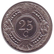 Монета 25 центов. 2008 год, Нидерландские Антильские острова. Цветок апельсинового дерева. Монета 25 центов. 2008 год, Нидерландские Антильские острова. Цветок апельсинового дерева.