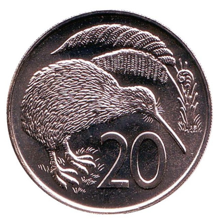 Монета 20 центов. 1980 год, Новая Зеландия. UNC. Киви (птица).