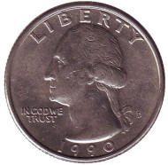 Монета 25 центов. 1990 (D) год, США. Вашингтон. Монета 25 центов. 1990 (D) год, США. Вашингтон.