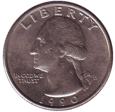 Монета 25 центов. 1990 (D) год, США. Вашингтон.