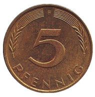 Монета 5 пфеннигов. 1973 год (F), ФРГ. Дубовые листья. Монета 5 пфеннигов. 1973 год (F), ФРГ. Дубовые листья.