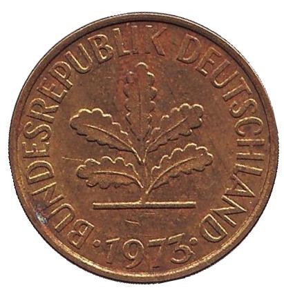 Монета 5 пфеннигов. 1973 год (F), ФРГ. Дубовые листья. Монета 5 пфеннигов. 1973 год (F), ФРГ. Дубовые листья.