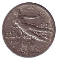 Монета 20 чентезимо. 1908 год, Италия. Монета 20 чентезимо. 1908 год, Италия.