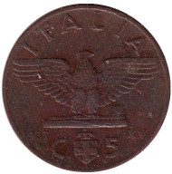 Монета 5 чентезимо. 1937 год, Италия. Орёл. Виктор Эммануил III. (Новый тип).