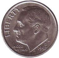 Монета 10 центов. 1992 (D) год, США. Рузвельт. Монета 10 центов. 1992 (D) год, США. Рузвельт.
