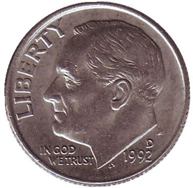 Монета 10 центов. 1992 (D) год, США. Рузвельт.