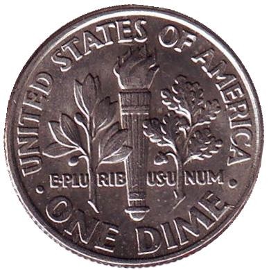 Монета 10 центов. 1992 (D) год, США. Рузвельт.