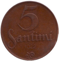 Монета 5 сантимов, 1922 год, Латвия. Монета 5 сантимов, 1922 год, Латвия.