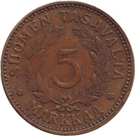 Монета 5 марок. 1948 год, Финляндия. Монета 5 марок. 1948 год, Финляндия.
