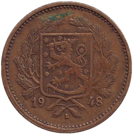 Монета 5 марок. 1948 год, Финляндия. Монета 5 марок. 1948 год, Финляндия.