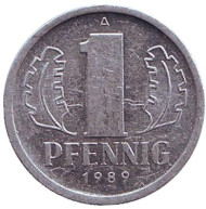 Монета 1 пфенниг. 1989 год, ГДР. Монета 1 пфенниг. 1989 год, ГДР.