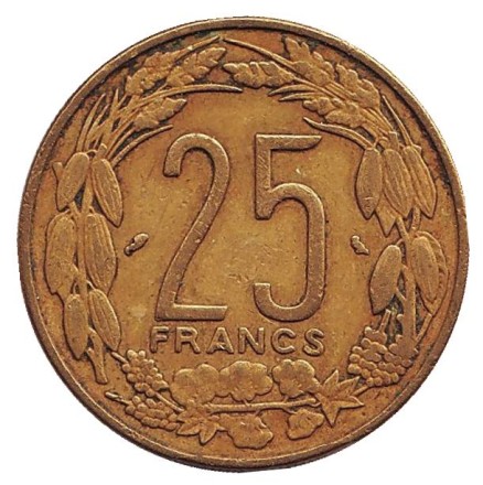 Монета 25 франков. 1972 год, Камерун. Африканские антилопы. (Западные канны). Монета 25 франков. 1972 год, Камерун. Африканские антилопы. (Западные канны).