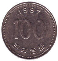 Монета 100 вон. 1997 год, Южная Корея. Монета 100 вон. 1997 год, Южная Корея.