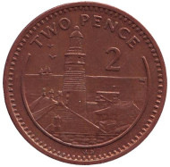 Монета 2 пенса. 1999 год, Гибралтар. Маяк. (AB). Монета 2 пенса. 1999 год, Гибралтар. Маяк. (AB).