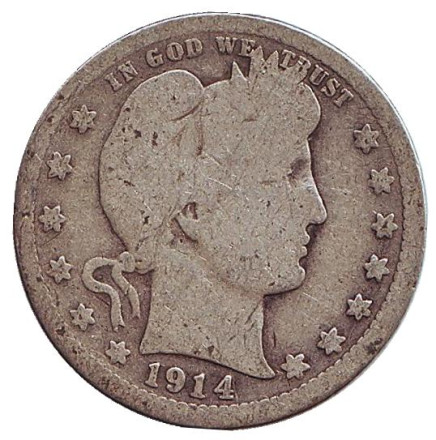 Монета 25 центов. 1914 год, США. (Без отметки монетного двора) "Четверть доллара Барбера".