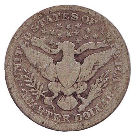 Монета 25 центов. 1914 год, США. (Без отметки монетного двора) "Четверть доллара Барбера". Монета 25 центов. 1914 год, США. (Без отметки монетного двора) "Четверть доллара Барбера".