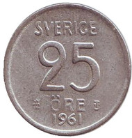 Монета 25 эре. 1961 год, Швеция. Монета 25 эре. 1961 год, Швеция.