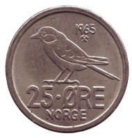 Монета 25 эре. 1965 год, Норвегия. Птица. Монета 25 эре. 1965 год, Норвегия. Птица.