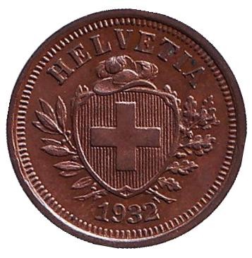Монета 1 раппен. 1932 год, Швейцария. XF-aUNC.