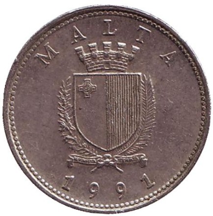 Монета 10 центов. 1991 год, Мальта. Золотистая макрель. Монета 10 центов. 1991 год, Мальта. Золотистая макрель.